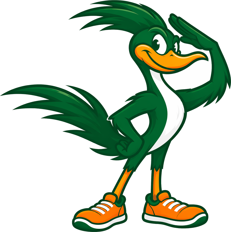 RunIt Errands roadrunner mascot saluting